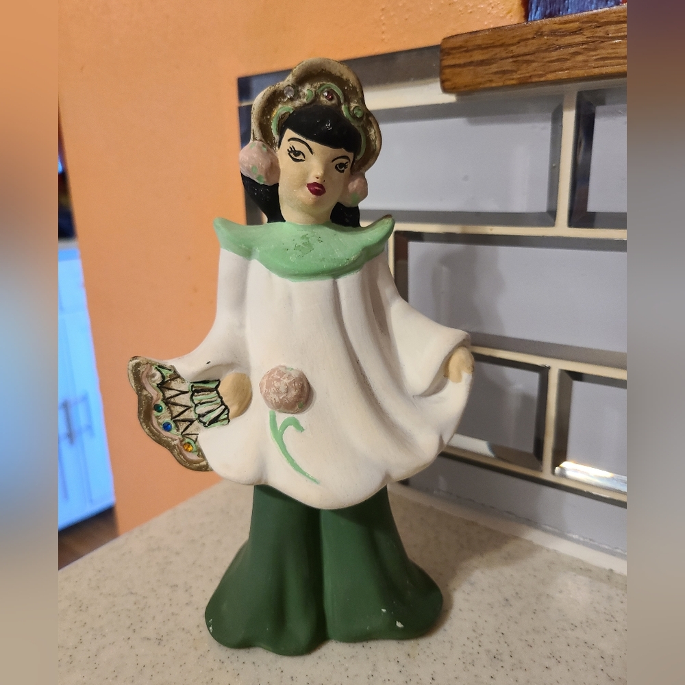 Vintage Ceramic Figurine with Green and White Dress